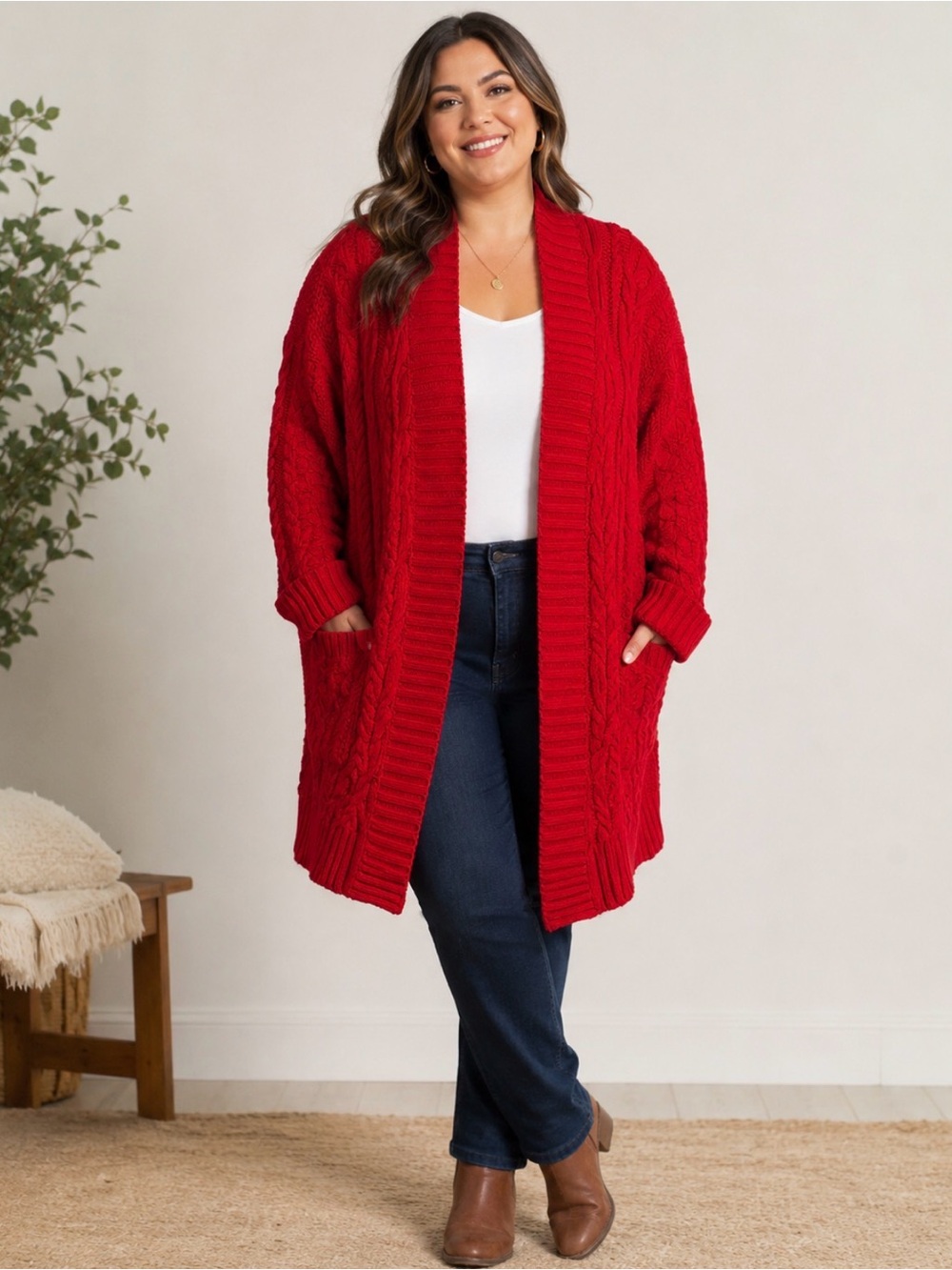 Lauren Ralph Lauren Cable Knit Open Front Long Cardigan Sweater 3X Fisherman